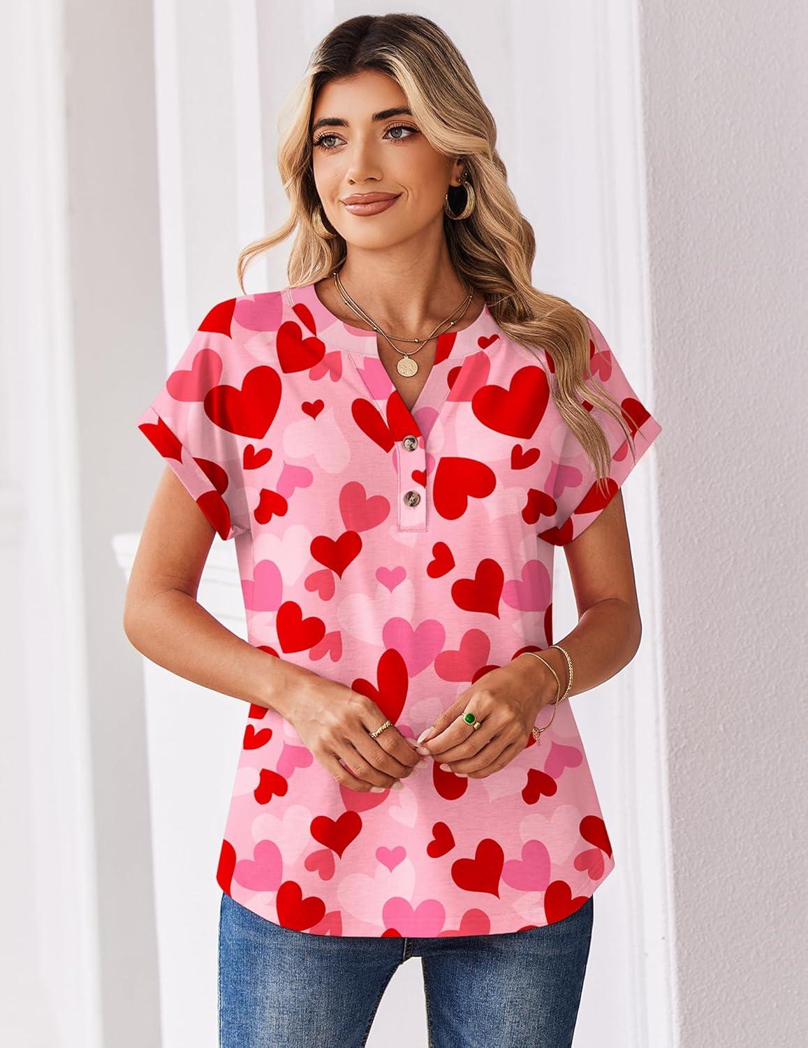 imageZeagoo Women Tops Summer Short Sleeve T Shirts V Neck Dressy Casual Work Blouses Fashion Boho Clothes S3XLAx22pink Love