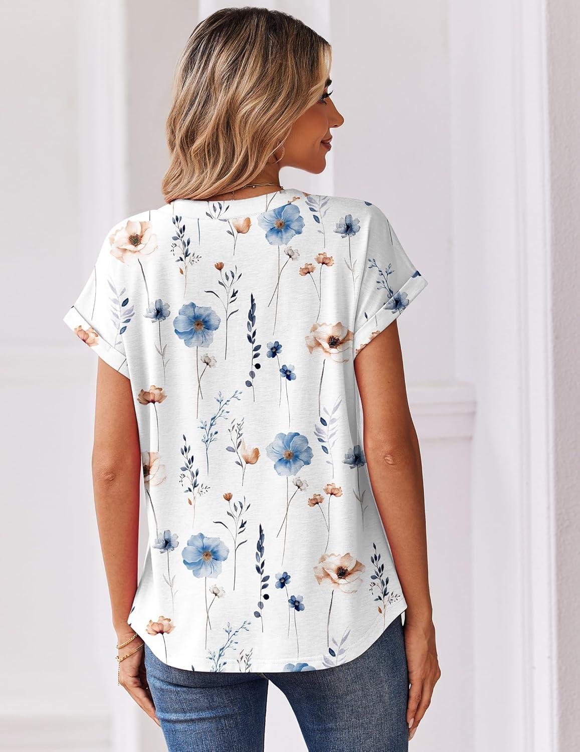 imageZeagoo Women Tops Summer Short Sleeve T Shirts V Neck Dressy Casual Work Blouses Fashion Boho Clothes S3XLBf290white Flowers