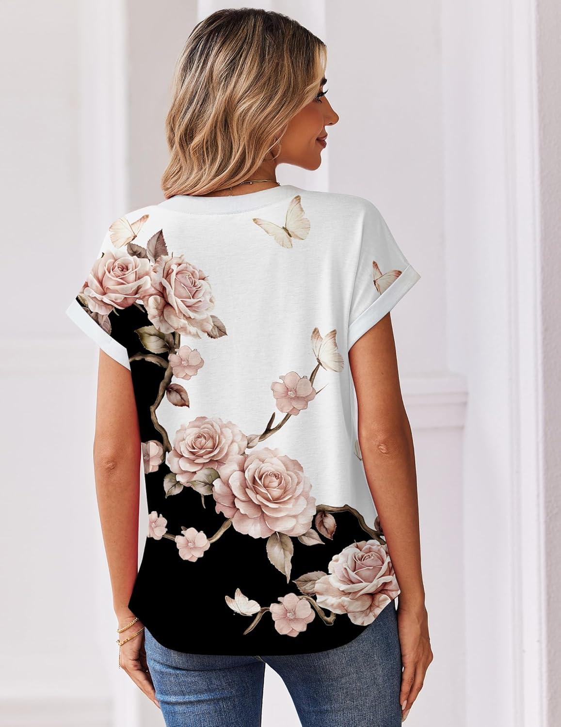 imageZeagoo Women Tops Summer Short Sleeve T Shirts V Neck Dressy Casual Work Blouses Fashion Boho Clothes S3XLBf347flower