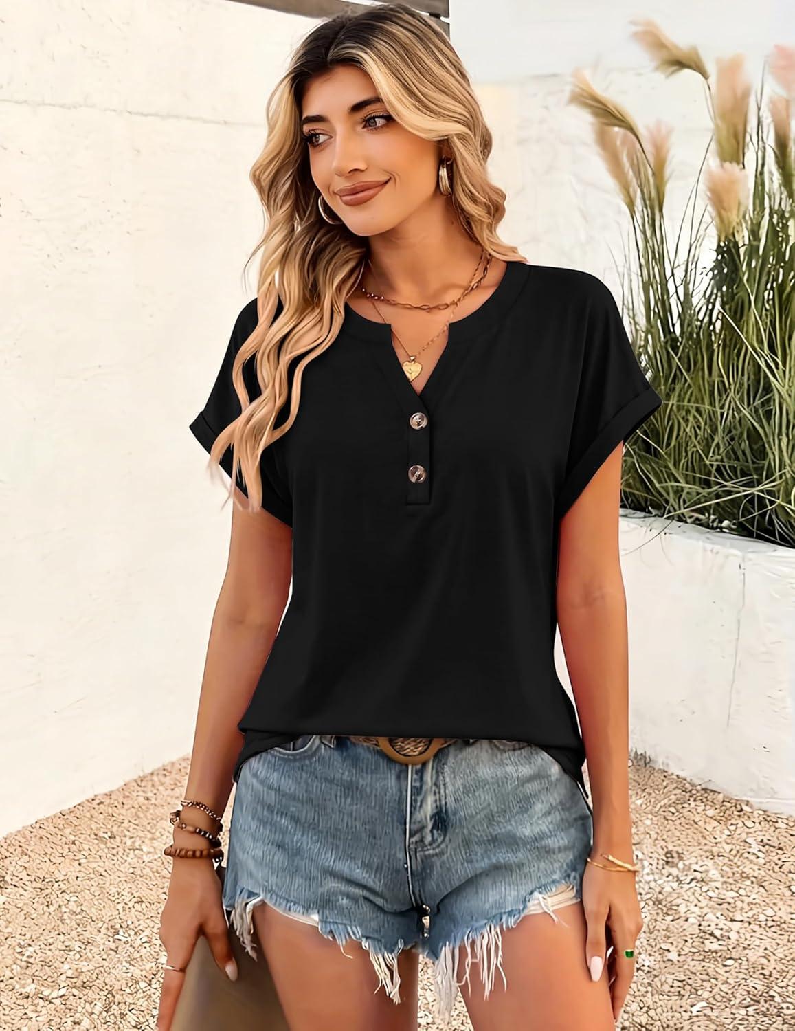 imageZeagoo Women Tops Summer Short Sleeve T Shirts V Neck Dressy Casual Work Blouses Fashion Boho Clothes S3XLBlack