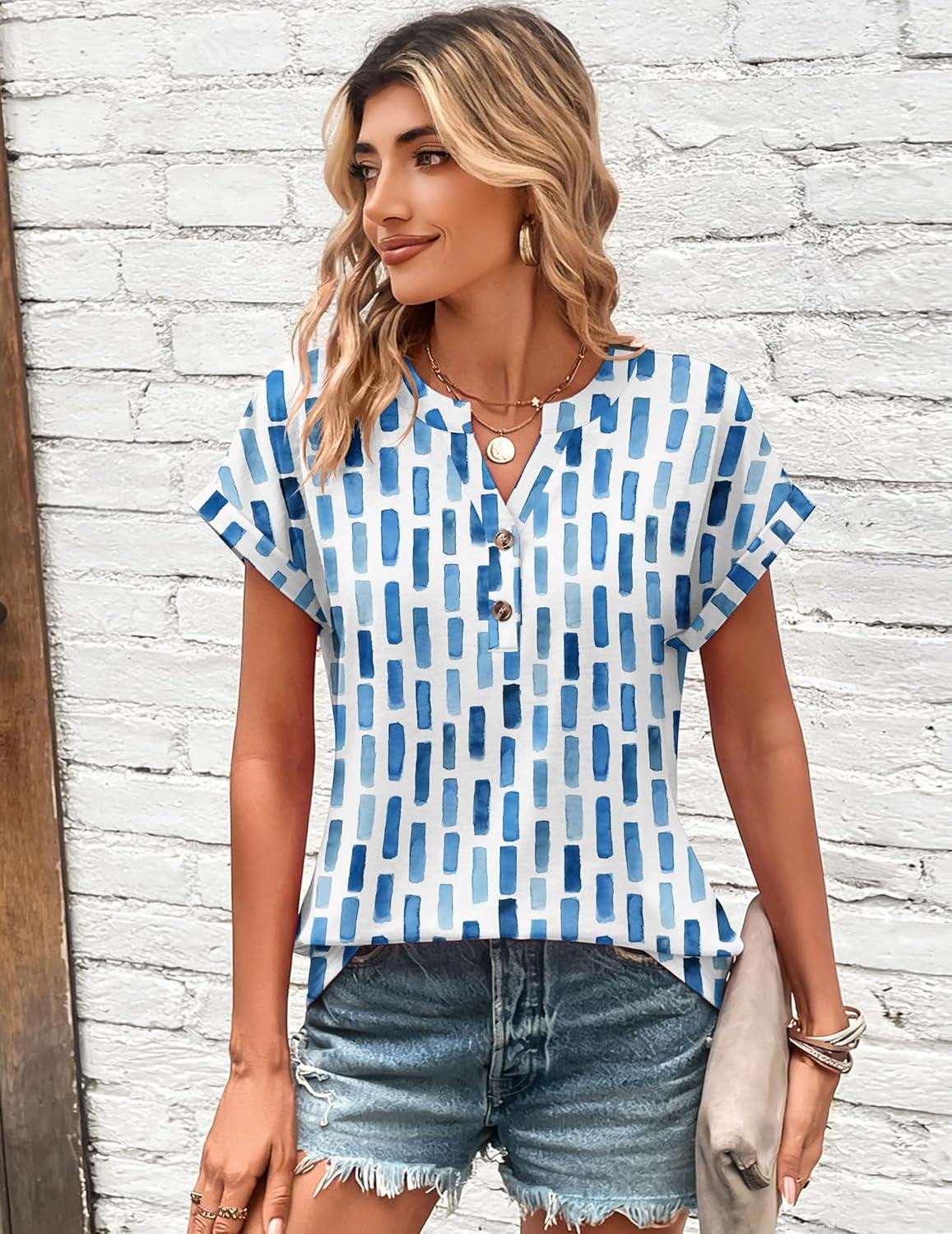 imageZeagoo Women Tops Summer Short Sleeve T Shirts V Neck Dressy Casual Work Blouses Fashion Boho Clothes S3XLCx329blue