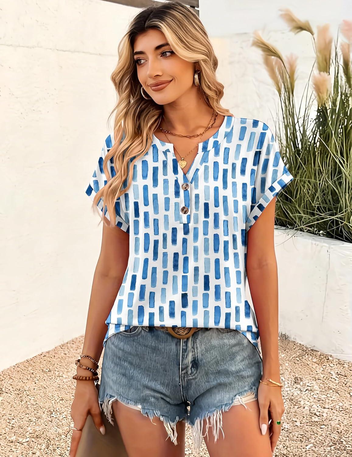 imageZeagoo Women Tops Summer Short Sleeve T Shirts V Neck Dressy Casual Work Blouses Fashion Boho Clothes S3XLCx329blue
