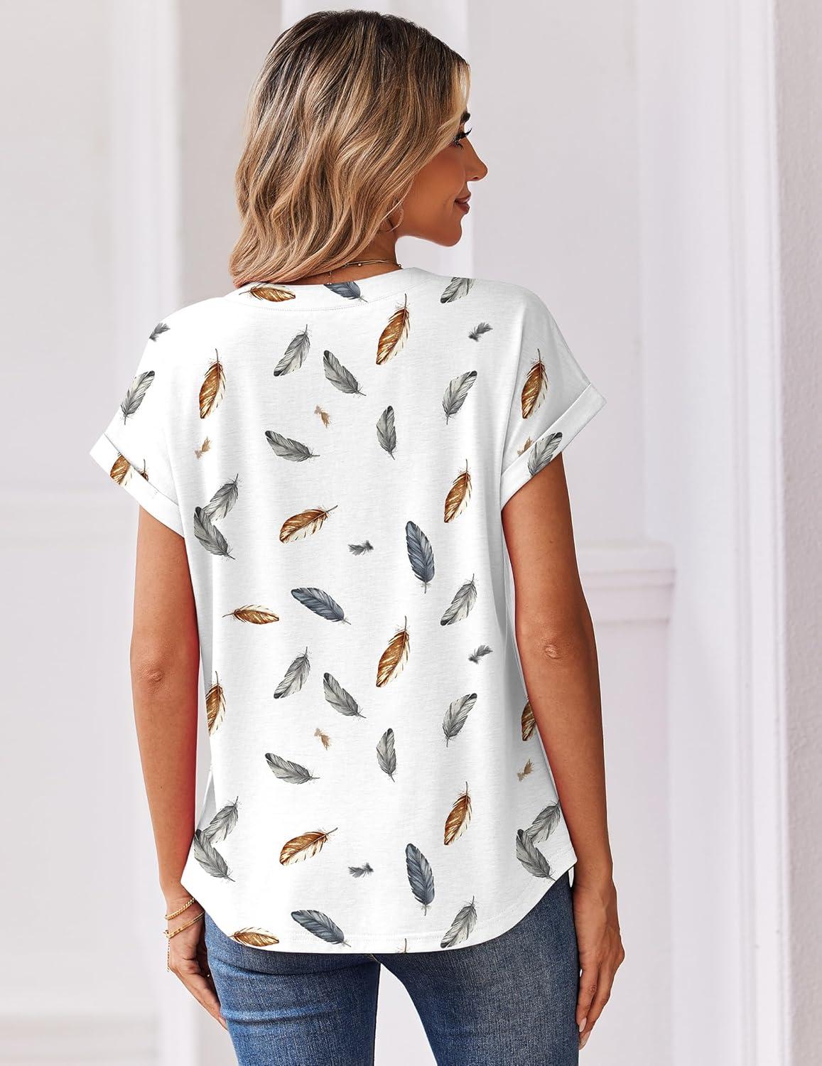 imageZeagoo Women Tops Summer Short Sleeve T Shirts V Neck Dressy Casual Work Blouses Fashion Boho Clothes S3XLDw170feather