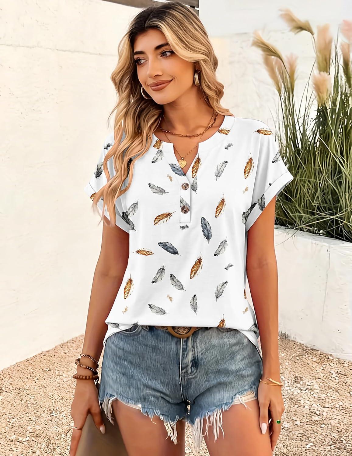 imageZeagoo Women Tops Summer Short Sleeve T Shirts V Neck Dressy Casual Work Blouses Fashion Boho Clothes S3XLDw170feather