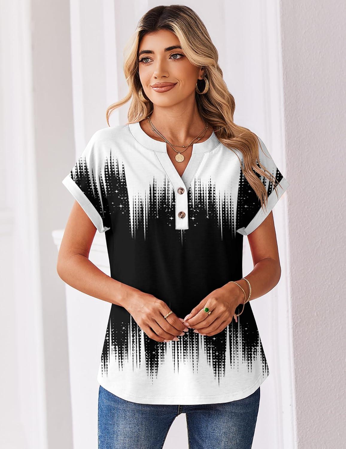 imageZeagoo Women Tops Summer Short Sleeve T Shirts V Neck Dressy Casual Work Blouses Fashion Boho Clothes S3XLJb204black White