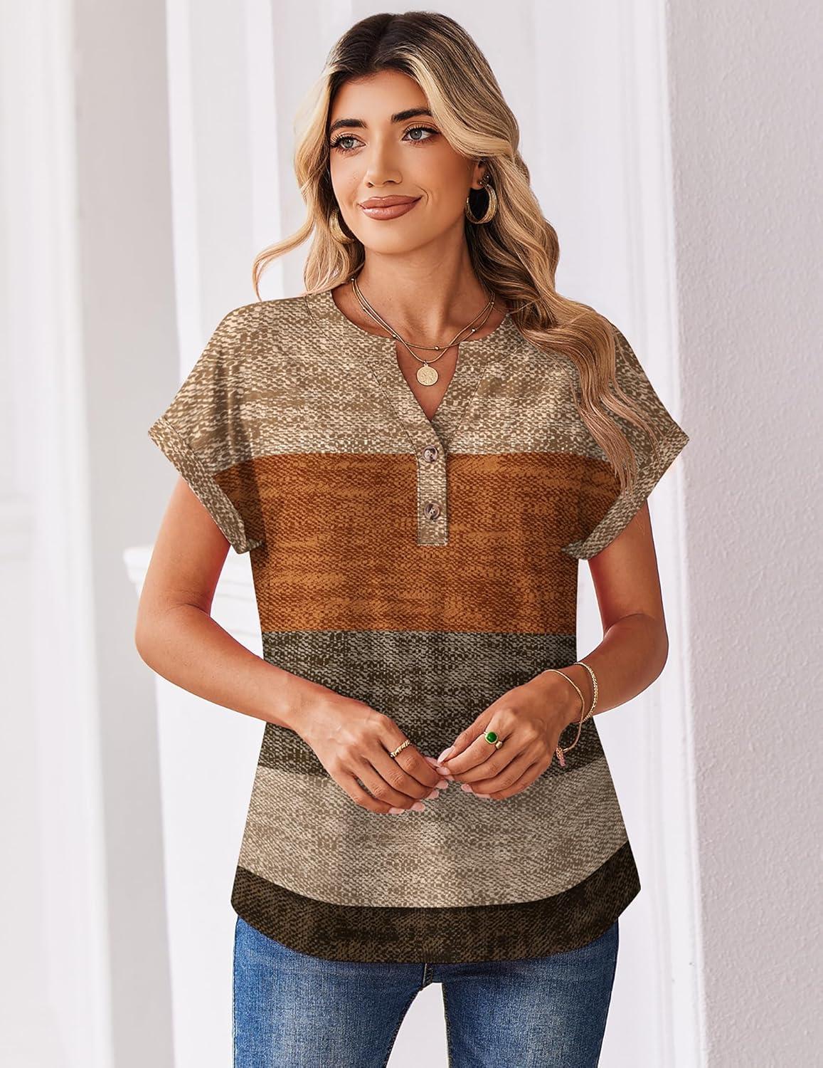 imageZeagoo Women Tops Summer Short Sleeve T Shirts V Neck Dressy Casual Work Blouses Fashion Boho Clothes S3XLJh398geometric