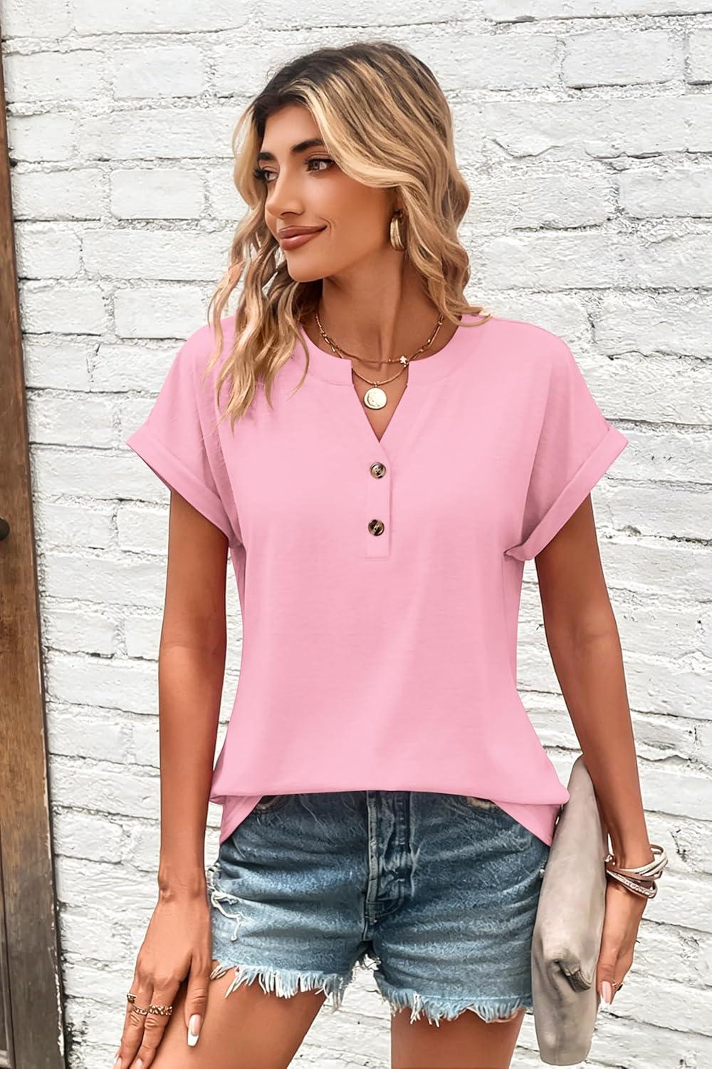imageZeagoo Women Tops Summer Short Sleeve T Shirts V Neck Dressy Casual Work Blouses Fashion Boho Clothes S3XLLight Pink