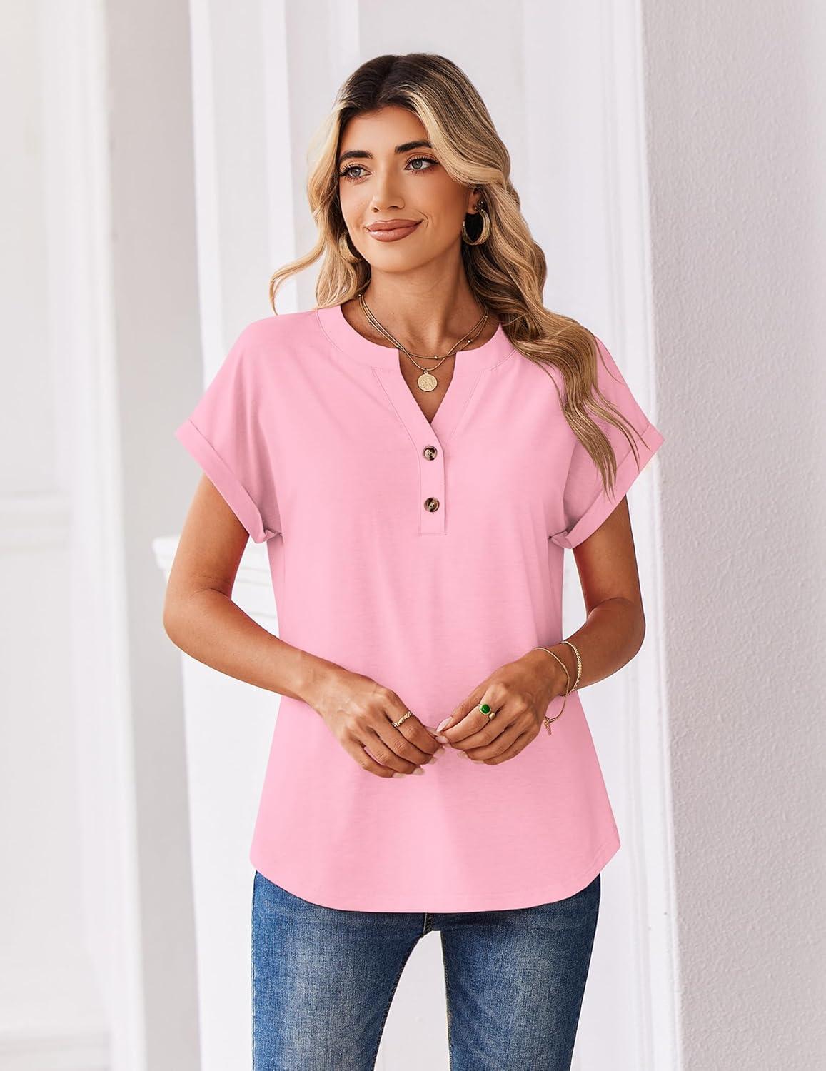 imageZeagoo Women Tops Summer Short Sleeve T Shirts V Neck Dressy Casual Work Blouses Fashion Boho Clothes S3XLLight Pink