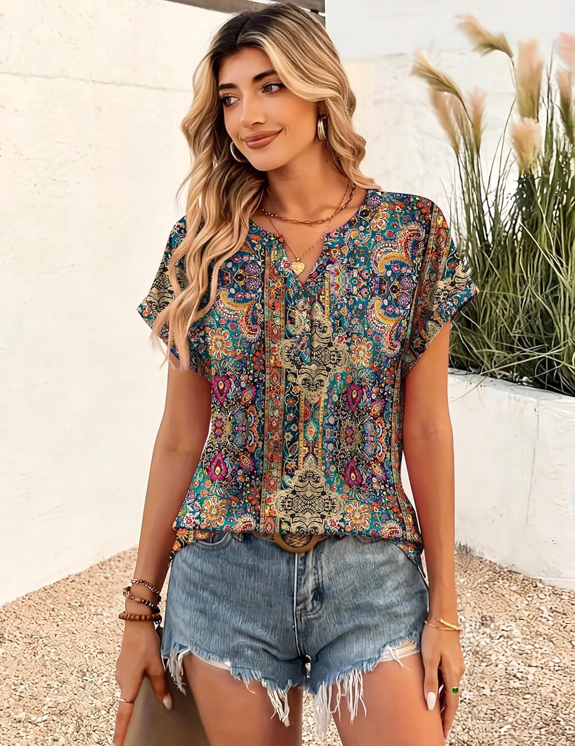 imageZeagoo Women Tops Summer Short Sleeve T Shirts V Neck Dressy Casual Work Blouses Fashion Boho Clothes S3XLMz721multicolored