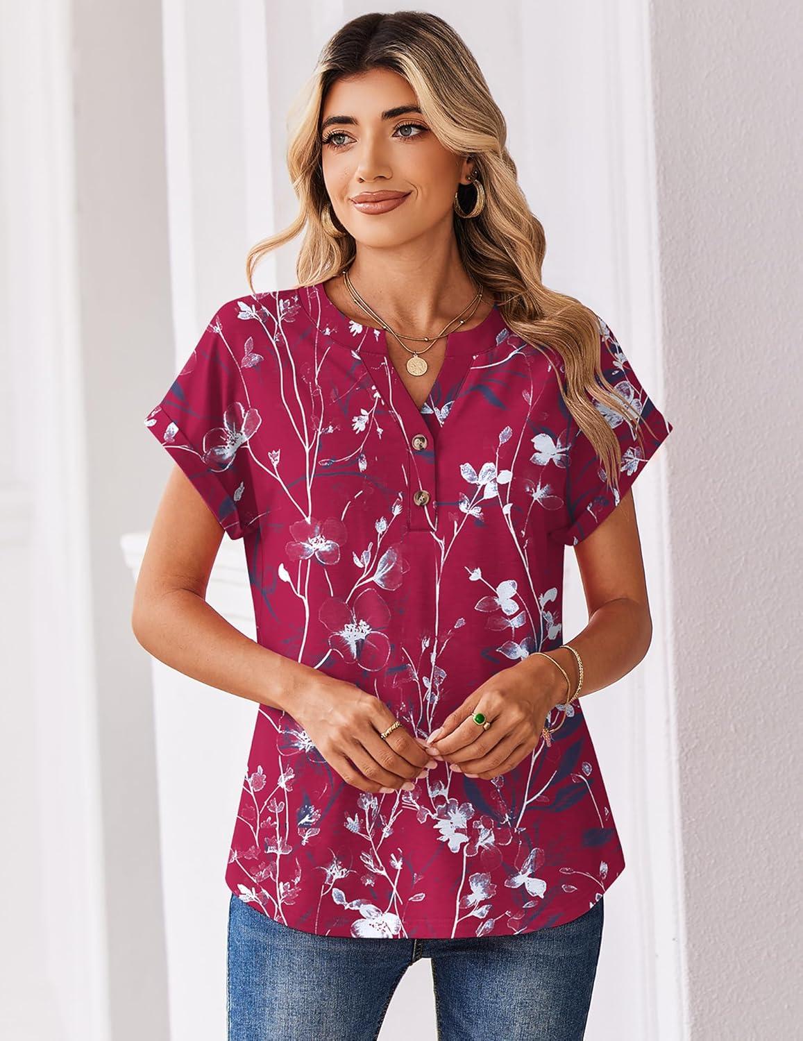 imageZeagoo Women Tops Summer Short Sleeve T Shirts V Neck Dressy Casual Work Blouses Fashion Boho Clothes S3XLSf243rose Red