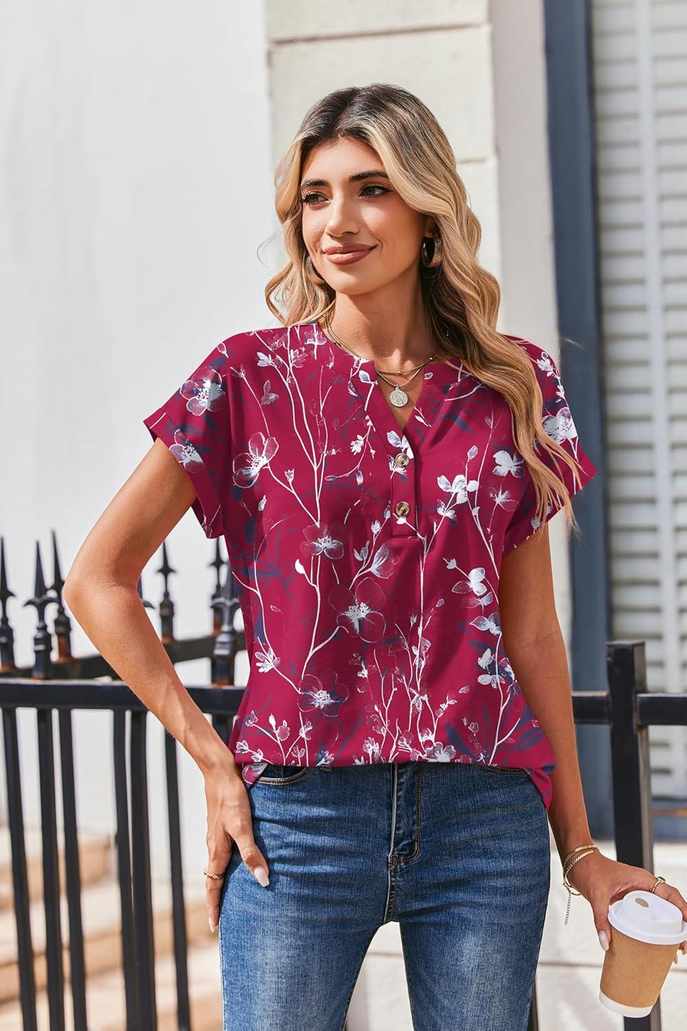 imageZeagoo Women Tops Summer Short Sleeve T Shirts V Neck Dressy Casual Work Blouses Fashion Boho Clothes S3XLSf243rose Red