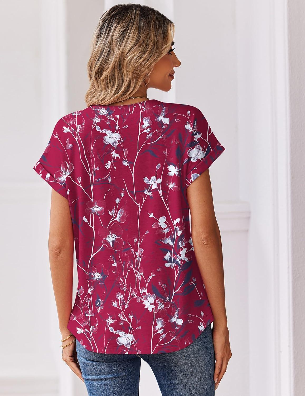imageZeagoo Women Tops Summer Short Sleeve T Shirts V Neck Dressy Casual Work Blouses Fashion Boho Clothes S3XLSf243rose Red