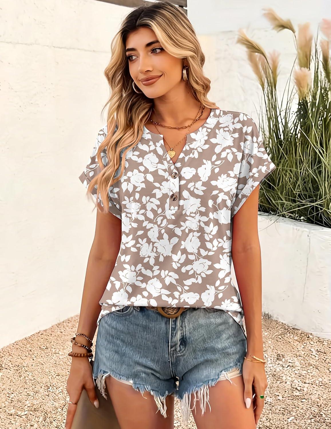 imageZeagoo Women Tops Summer Short Sleeve T Shirts V Neck Dressy Casual Work Blouses Fashion Boho Clothes S3XLSf295beige