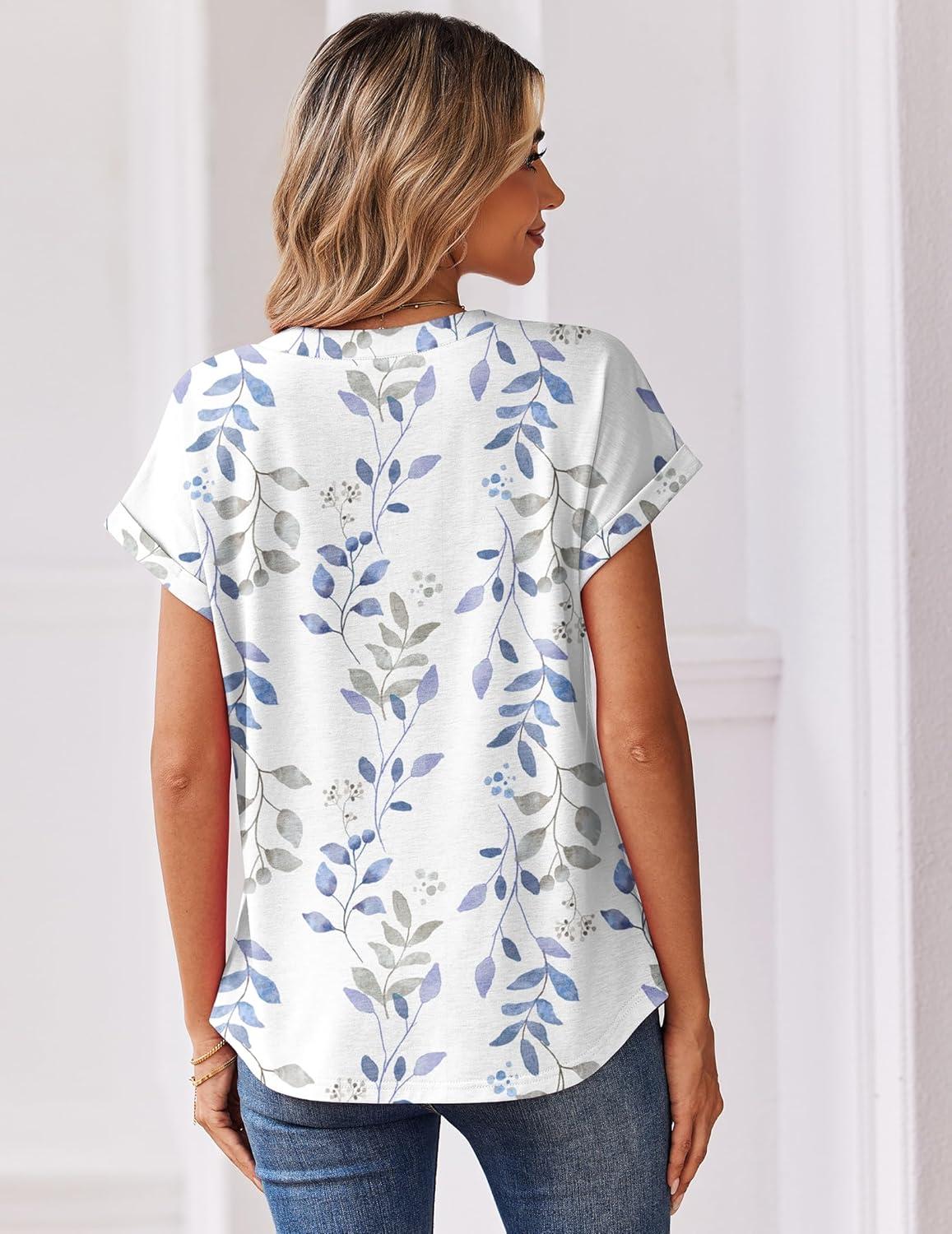 imageZeagoo Women Tops Summer Short Sleeve T Shirts V Neck Dressy Casual Work Blouses Fashion Boho Clothes S3XLSp106leaves