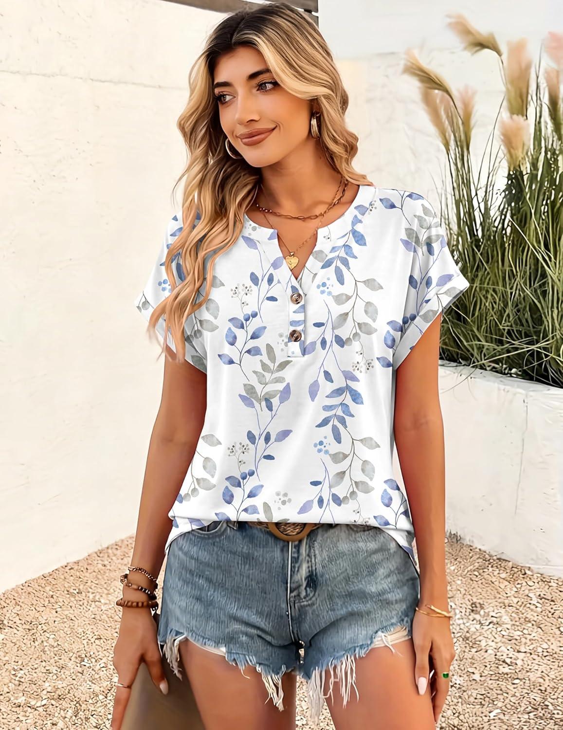imageZeagoo Women Tops Summer Short Sleeve T Shirts V Neck Dressy Casual Work Blouses Fashion Boho Clothes S3XLSp106leaves
