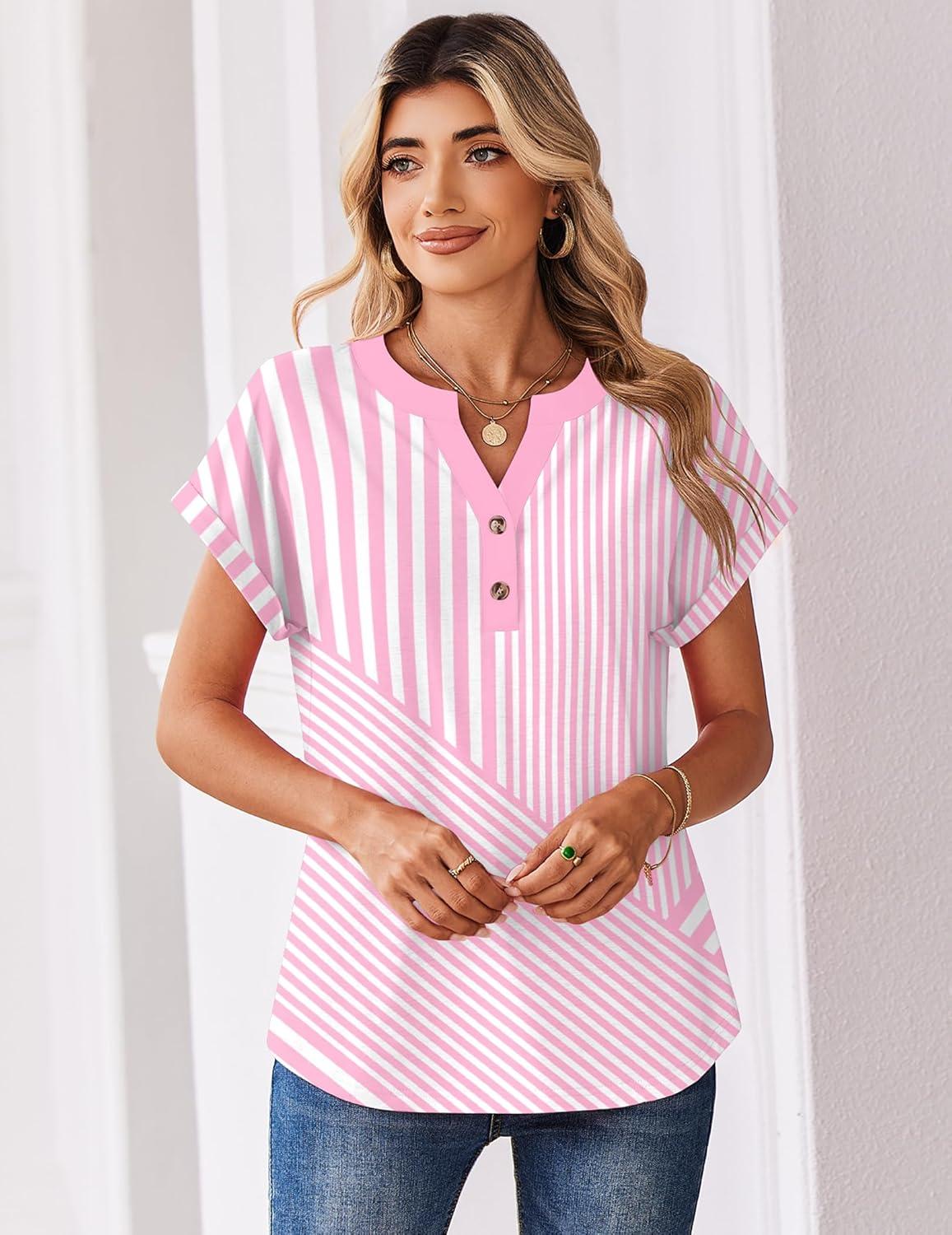 imageZeagoo Women Tops Summer Short Sleeve T Shirts V Neck Dressy Casual Work Blouses Fashion Boho Clothes S3XLTz300pink