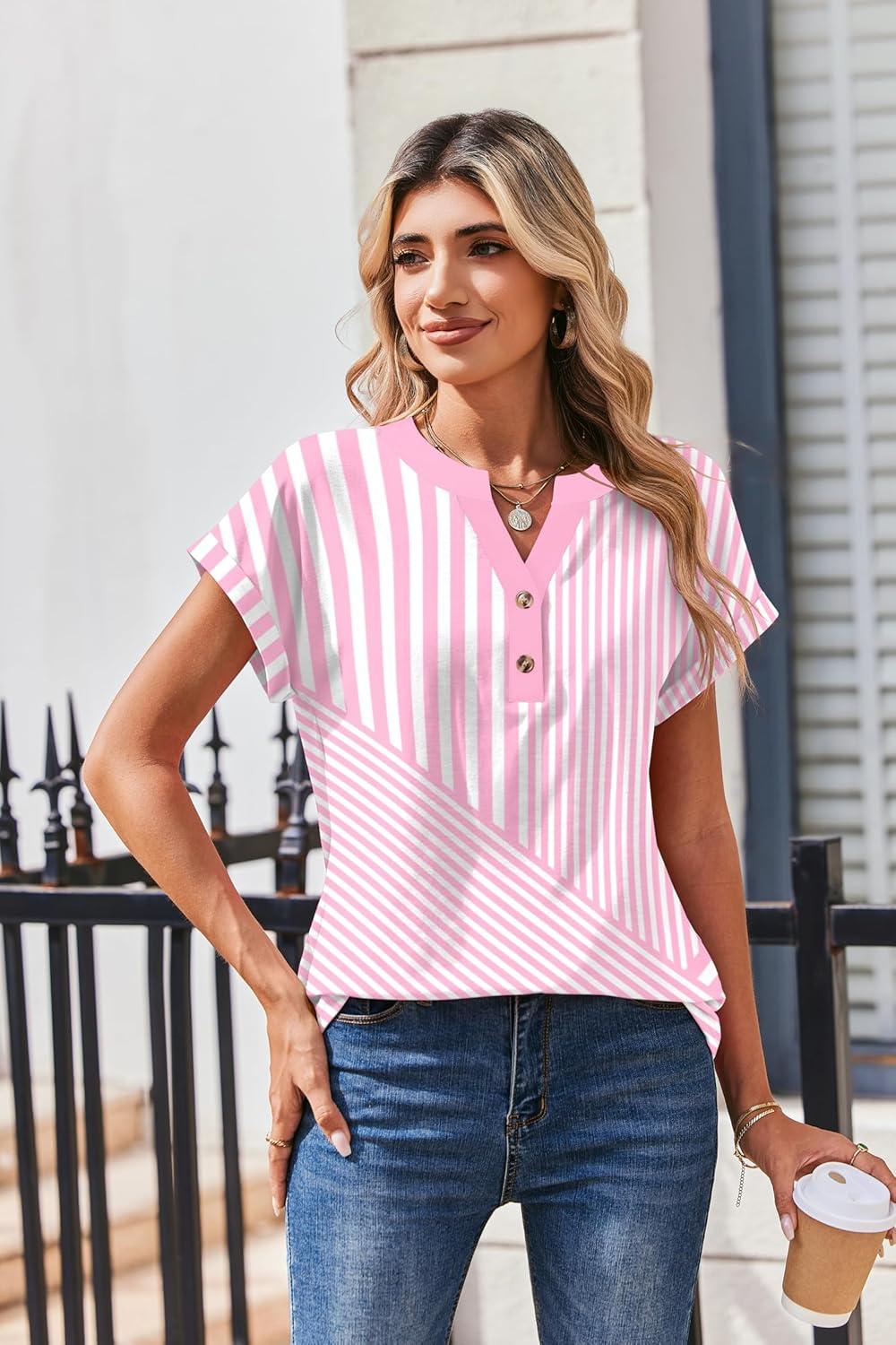 imageZeagoo Women Tops Summer Short Sleeve T Shirts V Neck Dressy Casual Work Blouses Fashion Boho Clothes S3XLTz300pink