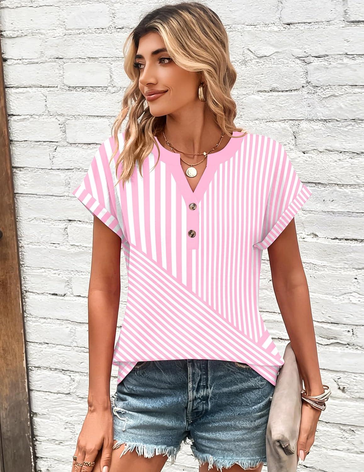 imageZeagoo Women Tops Summer Short Sleeve T Shirts V Neck Dressy Casual Work Blouses Fashion Boho Clothes S3XLTz300pink
