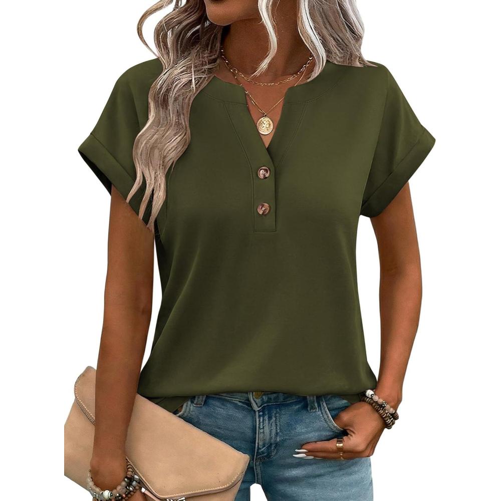imageZeagoo Women Tops Summer Short Sleeve T Shirts V Neck Dressy Casual Work Blouses Fashion Boho Clothes S3XLArmy Green