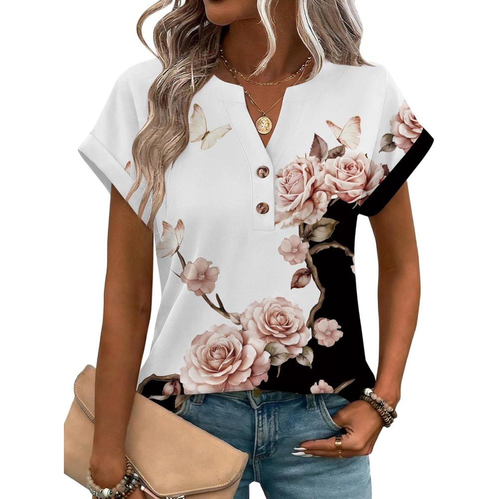 imageZeagoo Women Tops Summer Short Sleeve T Shirts V Neck Dressy Casual Work Blouses Fashion Boho Clothes S3XLBf347flower