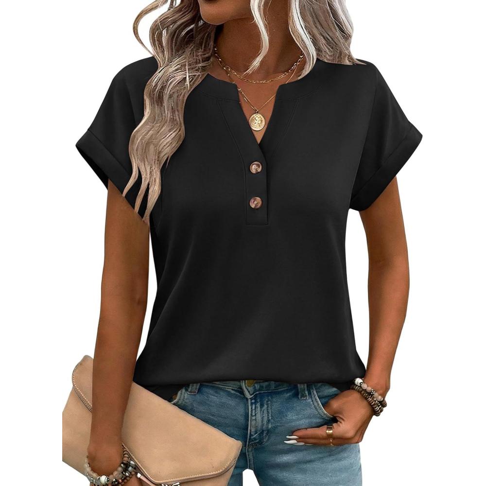imageZeagoo Women Tops Summer Short Sleeve T Shirts V Neck Dressy Casual Work Blouses Fashion Boho Clothes S3XLBlack