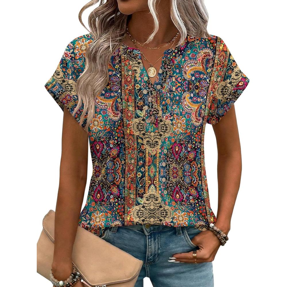 imageZeagoo Women Tops Summer Short Sleeve T Shirts V Neck Dressy Casual Work Blouses Fashion Boho Clothes S3XLMz721multicolored