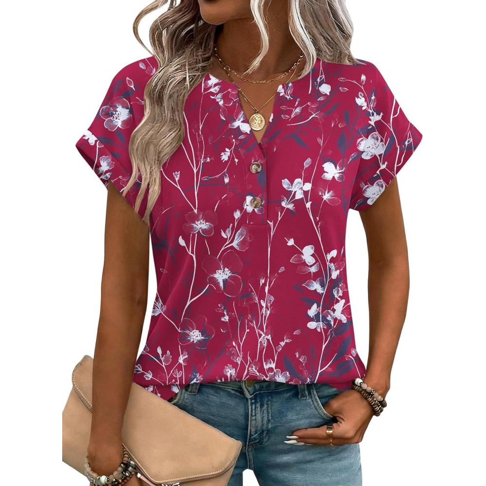 imageZeagoo Women Tops Summer Short Sleeve T Shirts V Neck Dressy Casual Work Blouses Fashion Boho Clothes S3XLSf243rose Red