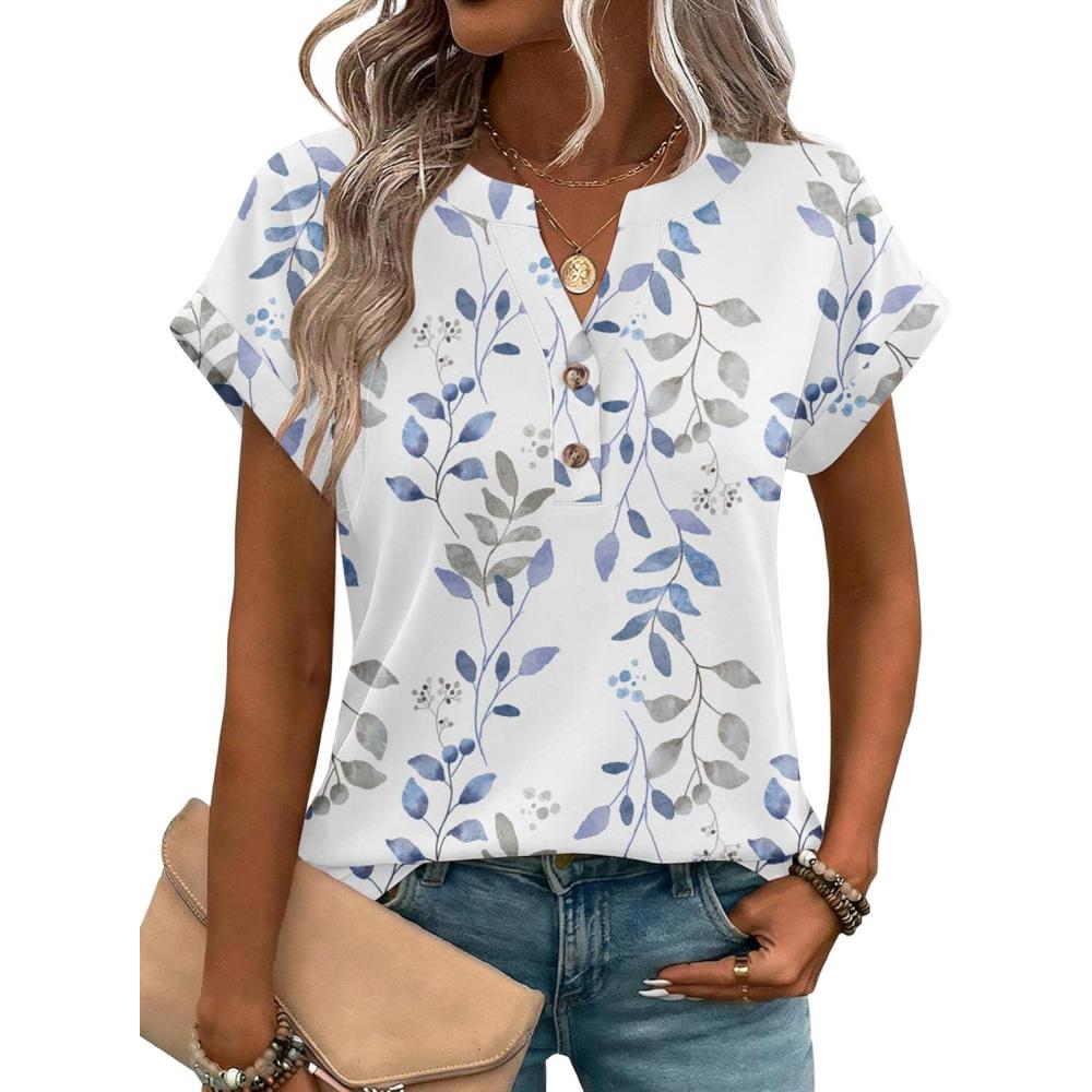 imageZeagoo Women Tops Summer Short Sleeve T Shirts V Neck Dressy Casual Work Blouses Fashion Boho Clothes S3XLSp106leaves