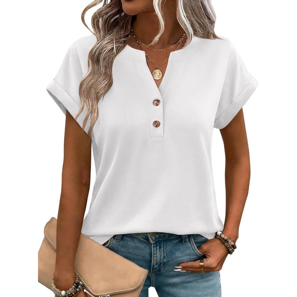 imageZeagoo Women Tops Summer Short Sleeve T Shirts V Neck Dressy Casual Work Blouses Fashion Boho Clothes S3XLWhite