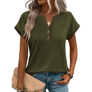 Zeagoo Women Tops Summer Short Sleeve T Shirts V Neck Dressy Casual Work Blouses Fashion Boho Clothes S-3XL(Army Green)