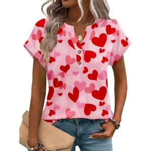 Zeagoo Women Tops Summer Short Sleeve T Shirts V Neck Dressy Casual Work Blouses Fashion Boho Clothes S-3XL(Ax22-pink Love)
