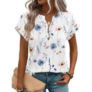 Zeagoo Women Tops Summer Short Sleeve T Shirts V Neck Dressy Casual Work Blouses Fashion Boho Clothes S-3XL(Bf290-white Flowers)