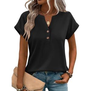 Zeagoo Women Tops Summer Short Sleeve T Shirts V Neck Dressy Casual Work Blouses Fashion Boho Clothes S-3XL(Black)
