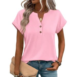 Zeagoo Women Tops Summer Short Sleeve T Shirts V Neck Dressy Casual Work Blouses Fashion Boho Clothes S-3XL(Light Pink)