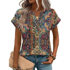 Zeagoo Women Tops Summer Short Sleeve T Shirts V Neck Dressy Casual Work Blouses Fashion Boho Clothes S-3XL(Mz721-multicolored)
