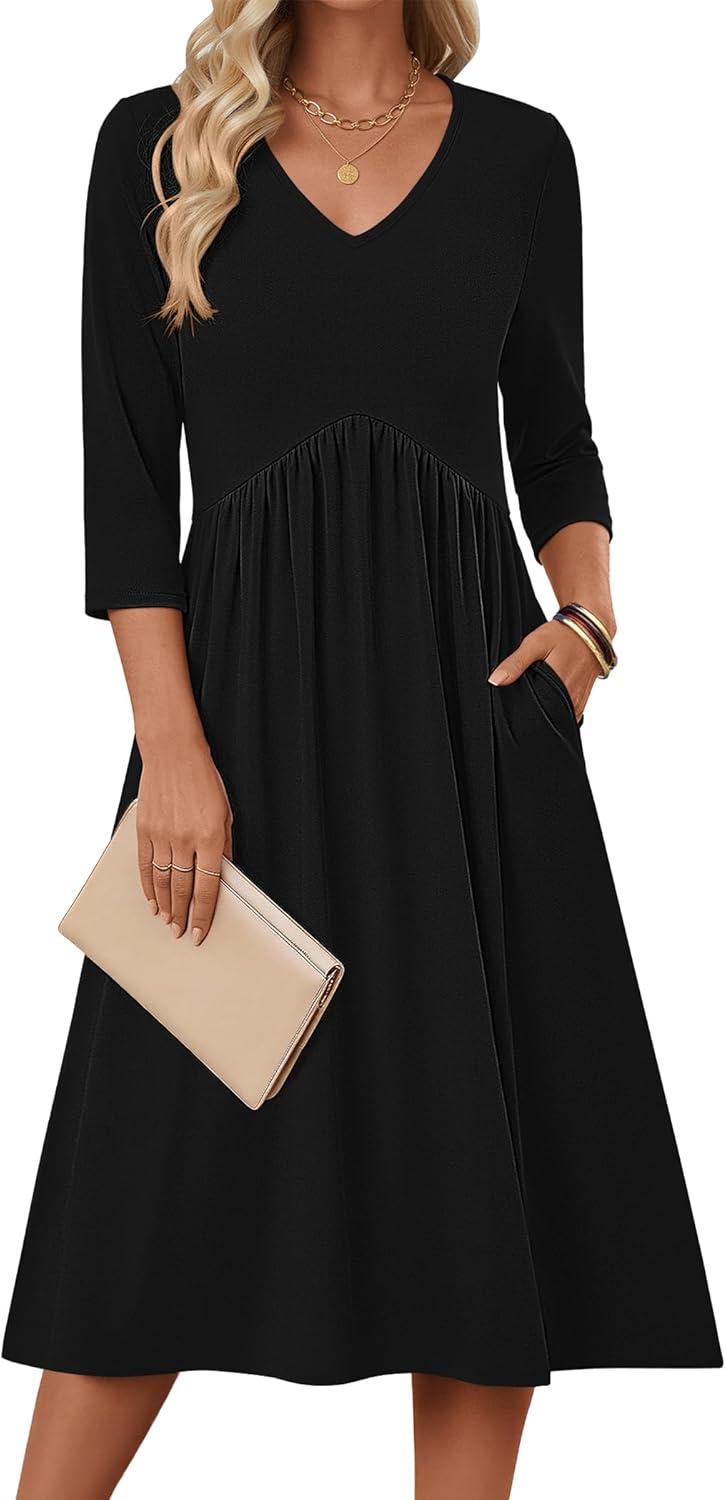 imageZeagoo Summer Dresses for Women 2026 34 Sleeve Womens Dress Casual Midi Tshirt Dresses with Pockets SemiFormal Sundress01 Solid Black