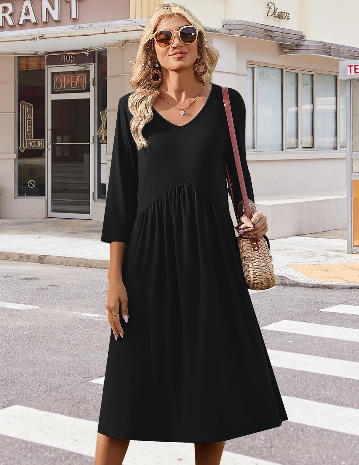 imageZeagoo Summer Dresses for Women 2026 34 Sleeve Womens Dress Casual Midi Tshirt Dresses with Pockets SemiFormal Sundress01 Solid Black