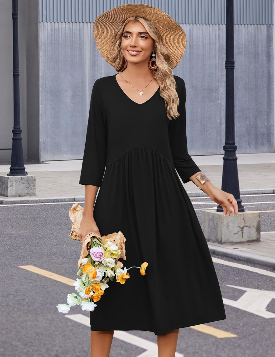 imageZeagoo Summer Dresses for Women 2026 34 Sleeve Womens Dress Casual Midi Tshirt Dresses with Pockets SemiFormal Sundress01 Solid Black