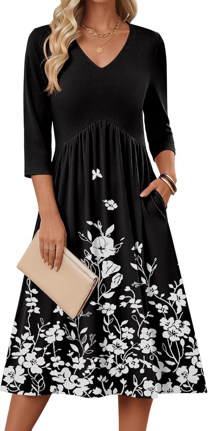 imageZeagoo Summer Dresses for Women 2026 34 Sleeve Womens Dress Casual Midi Tshirt Dresses with Pockets SemiFormal SundressBlack Floral