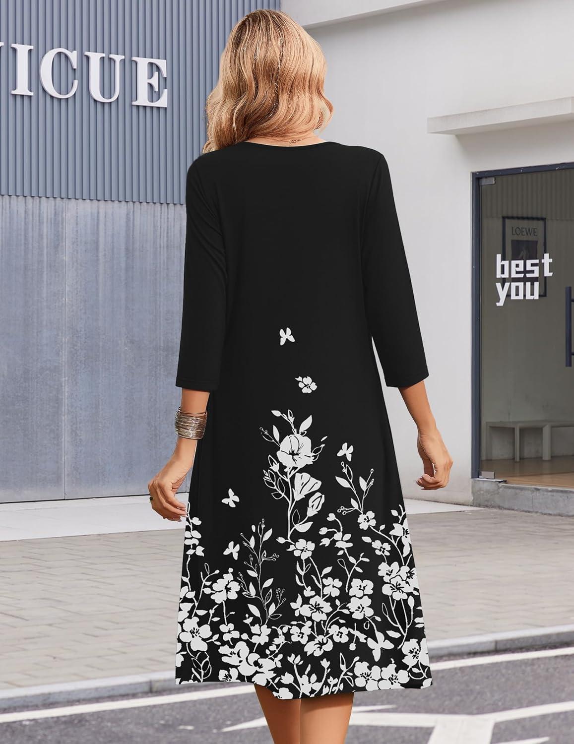 imageZeagoo Summer Dresses for Women 2026 34 Sleeve Womens Dress Casual Midi Tshirt Dresses with Pockets SemiFormal SundressBlack Floral
