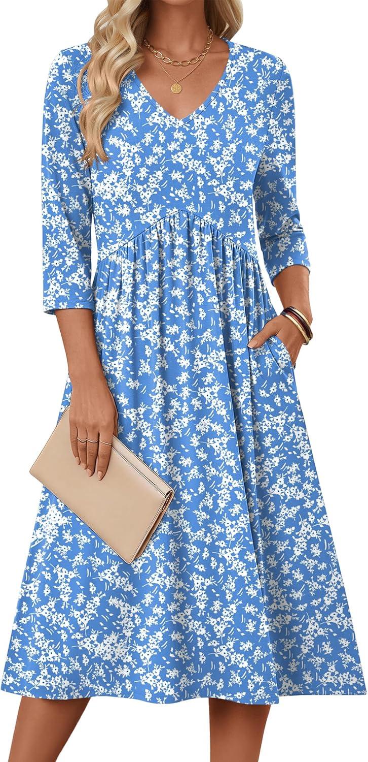 imageZeagoo Summer Dresses for Women 2026 34 Sleeve Womens Dress Casual Midi Tshirt Dresses with Pockets SemiFormal SundressBlue Floral Xh41