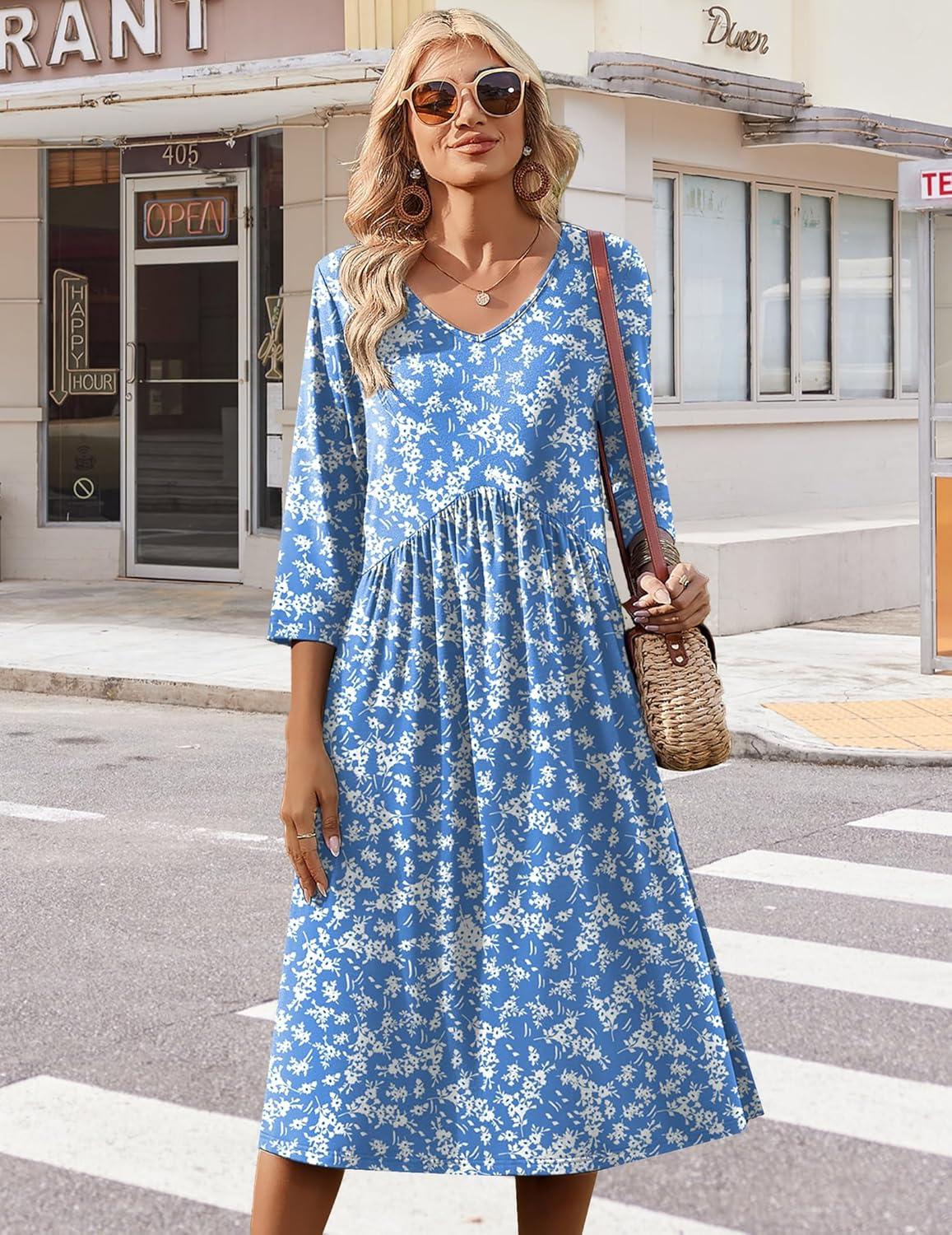 imageZeagoo Summer Dresses for Women 2026 34 Sleeve Womens Dress Casual Midi Tshirt Dresses with Pockets SemiFormal SundressBlue Floral Xh41