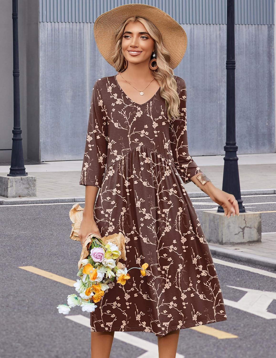imageZeagoo Summer Dresses for Women 2026 34 Sleeve Womens Dress Casual Midi Tshirt Dresses with Pockets SemiFormal SundressCoffee Floral