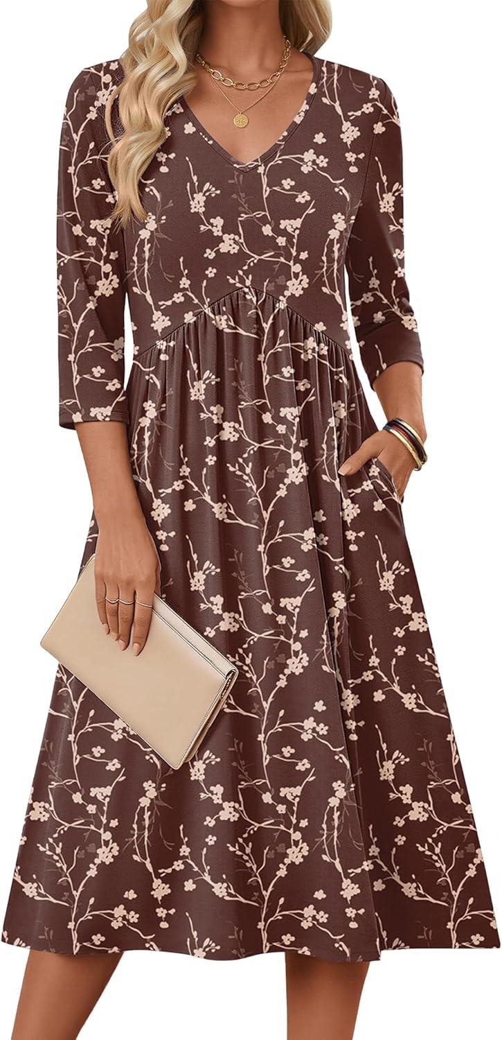 imageZeagoo Summer Dresses for Women 2026 34 Sleeve Womens Dress Casual Midi Tshirt Dresses with Pockets SemiFormal SundressCoffee Floral