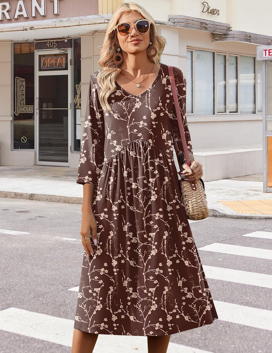 imageZeagoo Summer Dresses for Women 2026 34 Sleeve Womens Dress Casual Midi Tshirt Dresses with Pockets SemiFormal SundressCoffee Floral