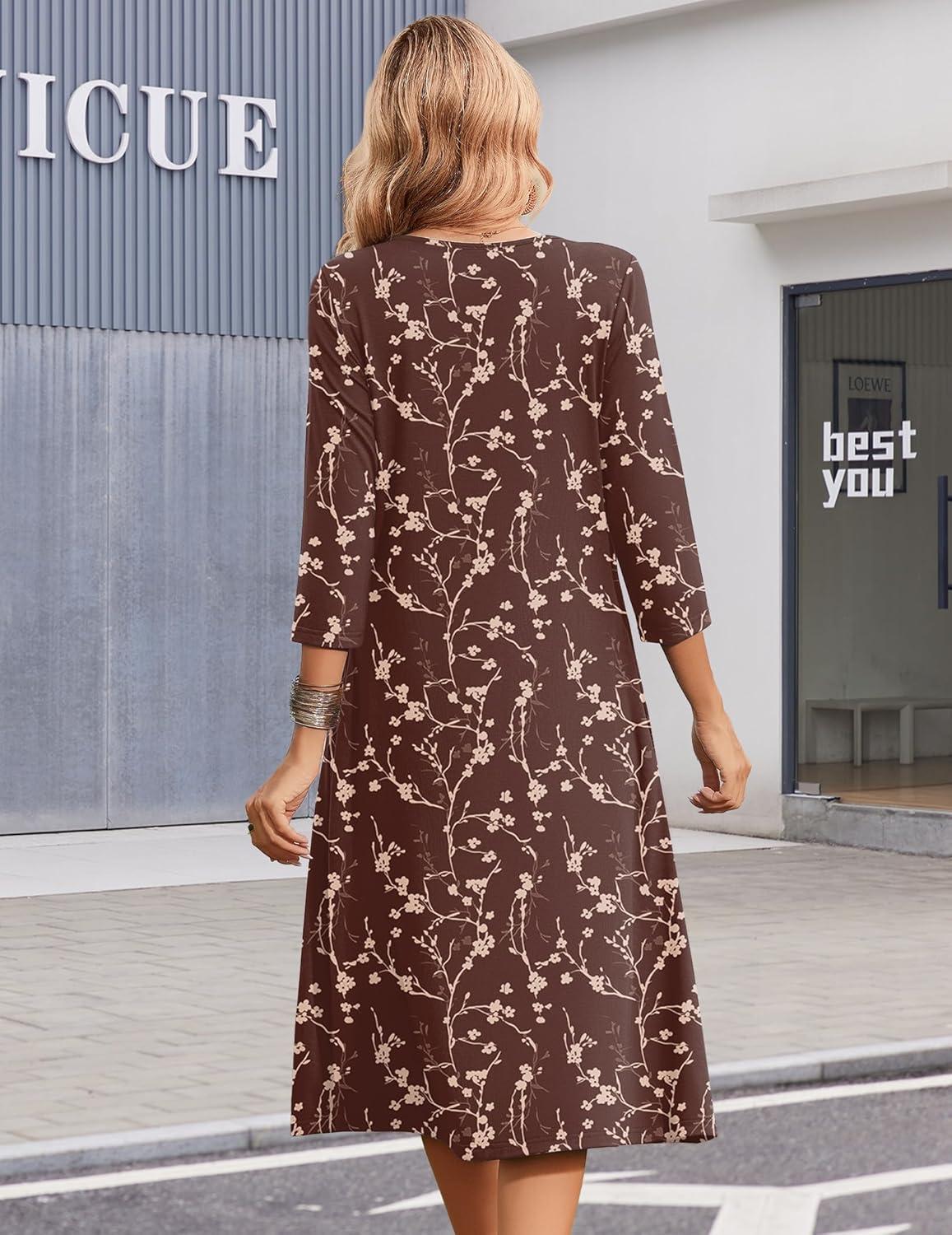 imageZeagoo Summer Dresses for Women 2026 34 Sleeve Womens Dress Casual Midi Tshirt Dresses with Pockets SemiFormal SundressCoffee Floral