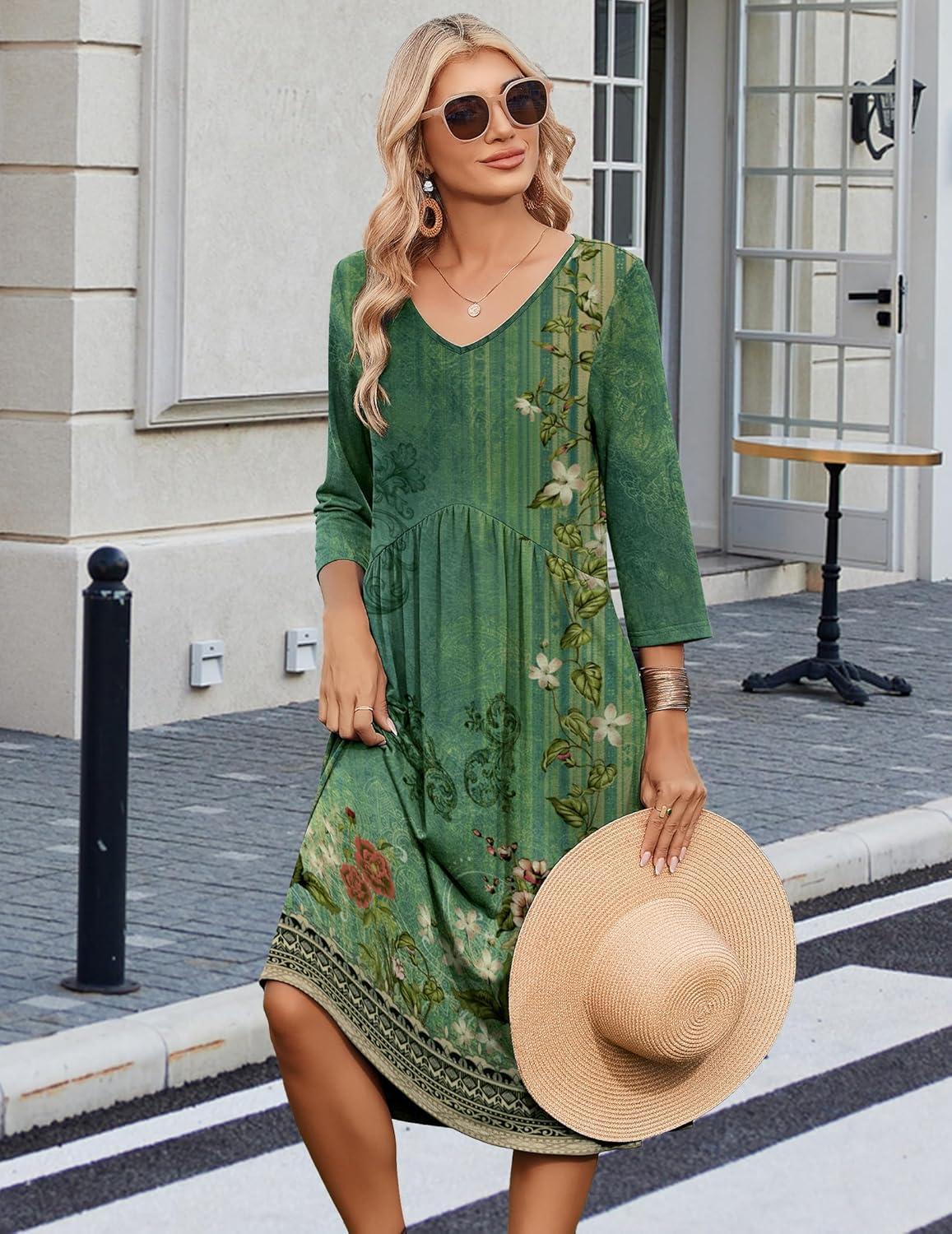 imageZeagoo Summer Dresses for Women 2026 34 Sleeve Womens Dress Casual Midi Tshirt Dresses with Pockets SemiFormal SundressGreen Floral