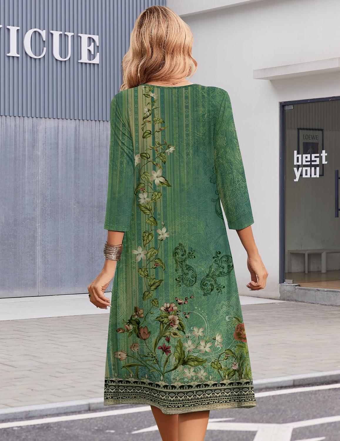 imageZeagoo Summer Dresses for Women 2026 34 Sleeve Womens Dress Casual Midi Tshirt Dresses with Pockets SemiFormal SundressGreen Floral