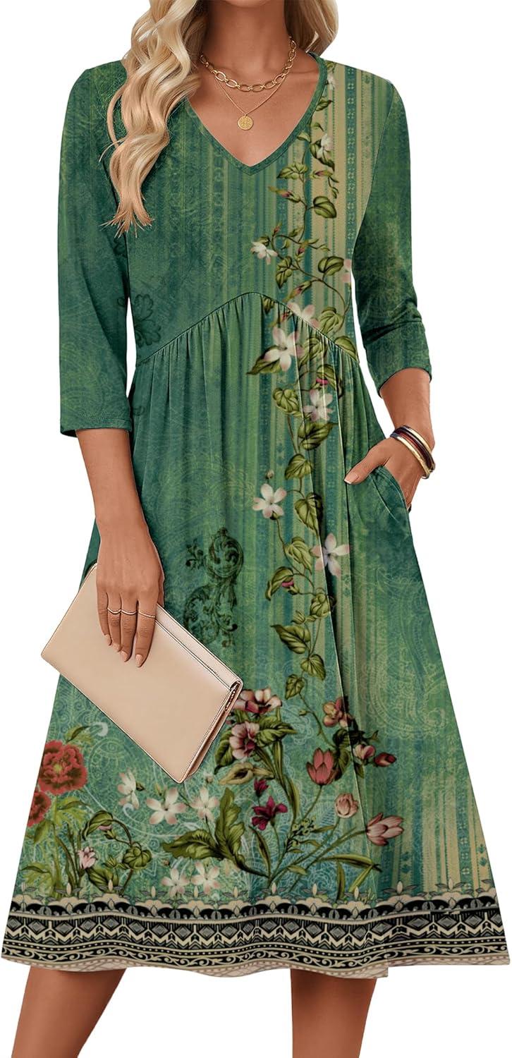 imageZeagoo Summer Dresses for Women 2026 34 Sleeve Womens Dress Casual Midi Tshirt Dresses with Pockets SemiFormal SundressGreen Floral