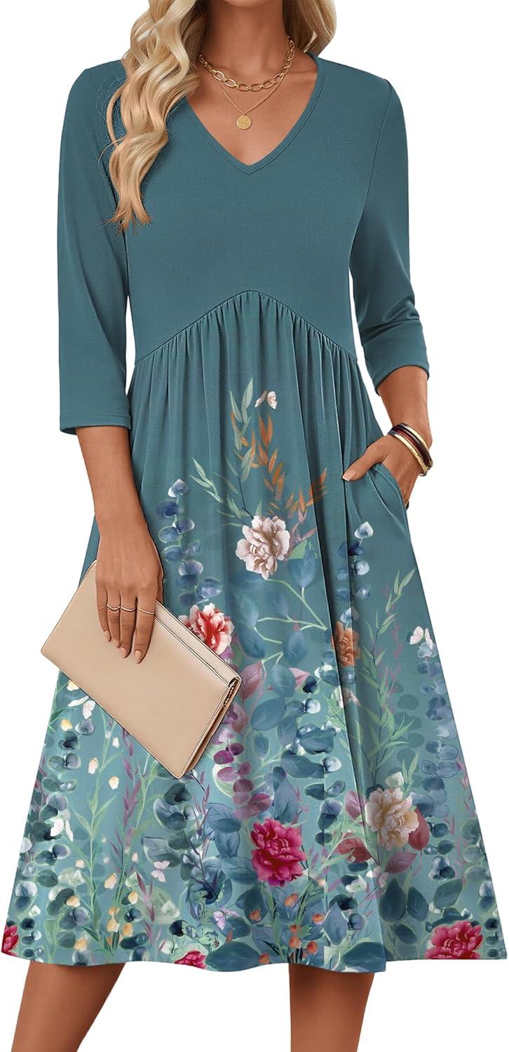 imageZeagoo Summer Dresses for Women 2026 34 Sleeve Womens Dress Casual Midi Tshirt Dresses with Pockets SemiFormal SundressGreen Grey